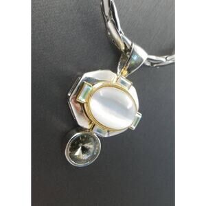 Faux White Opal and Smoky Rhinestone Art Deco Necklace  - Stainless Steel